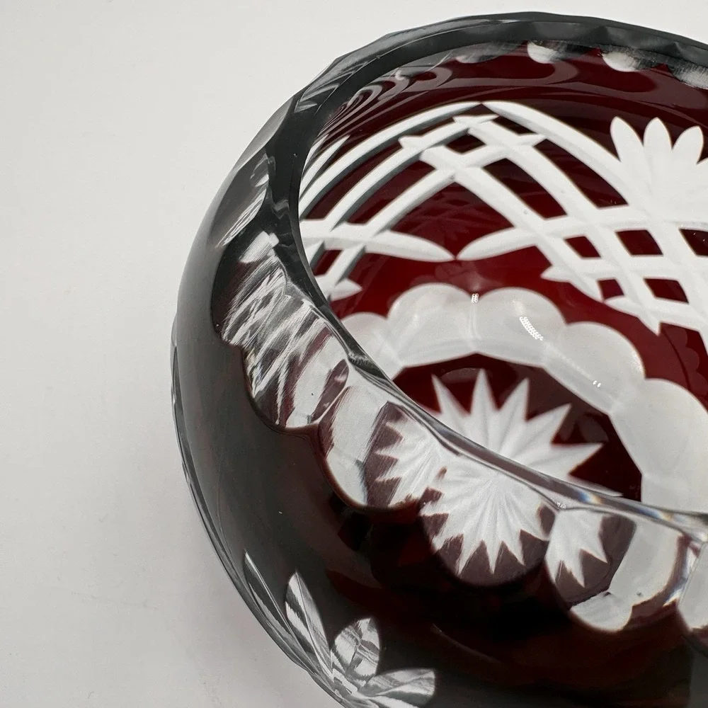 Bohemian Crystal Cut Clear Red Cranberry Votive‎ / Small Flower Design Bowl